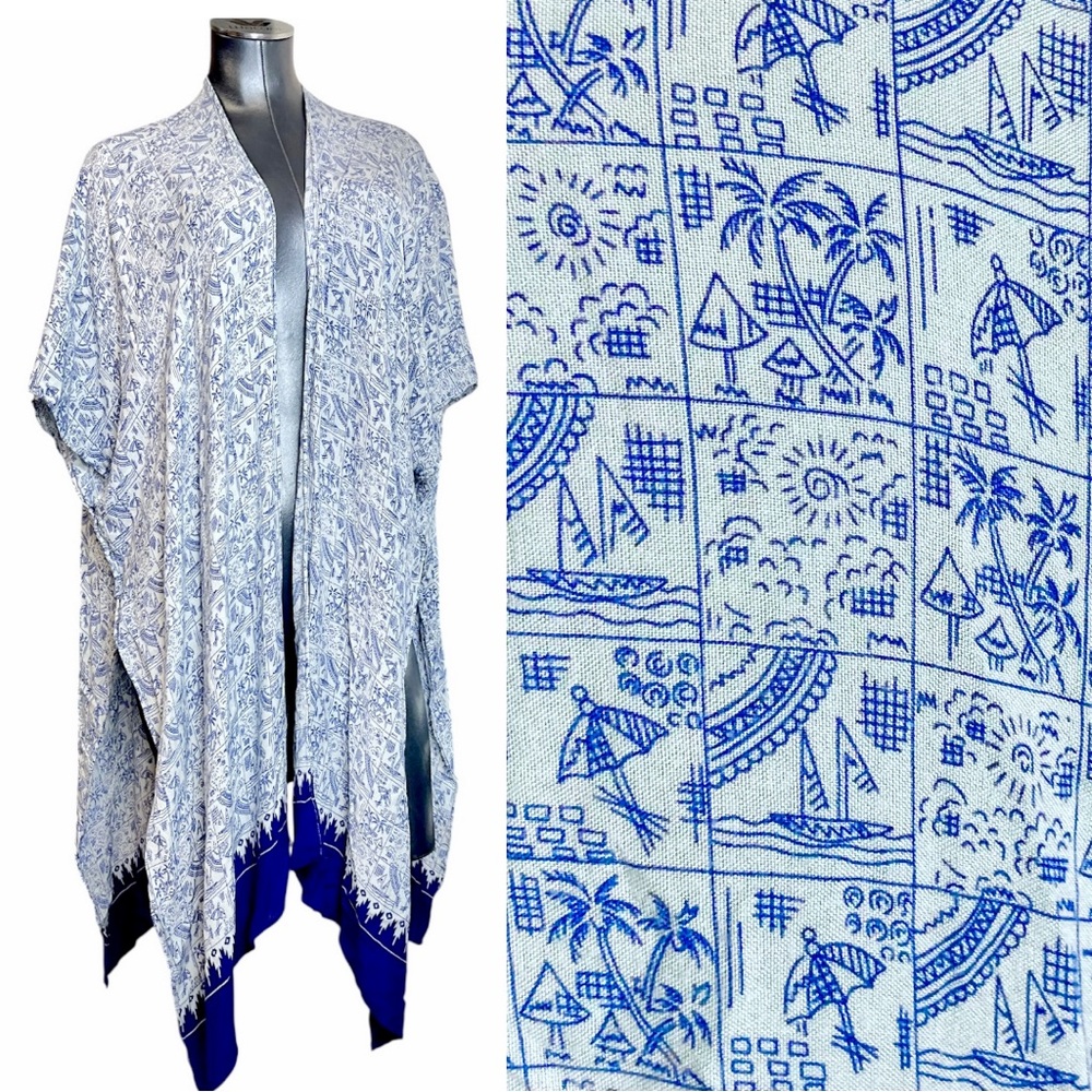 CAbi Women’s Cover Up Beach Lightweight Pattern Blue S99K1293 Viscose Kimono